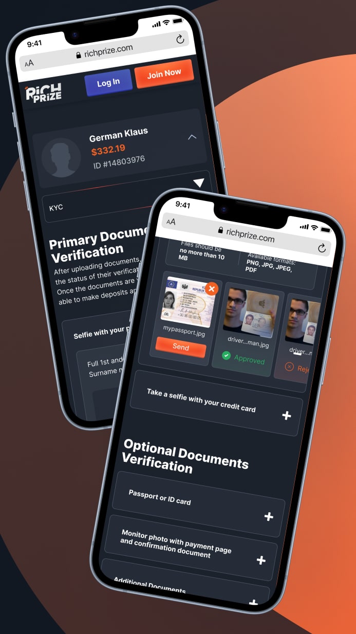 Rich Prize KYC on two phones: the account card with balance and ID, a Primary Documents Verification section with a selfie upload, file rules of no more than 10 MB in PNG, JPG, JPEG or PDF, uploaded files with Send, Approved and Rejected states, a request for a selfie with a credit card, and an Optional Documents Verification list
