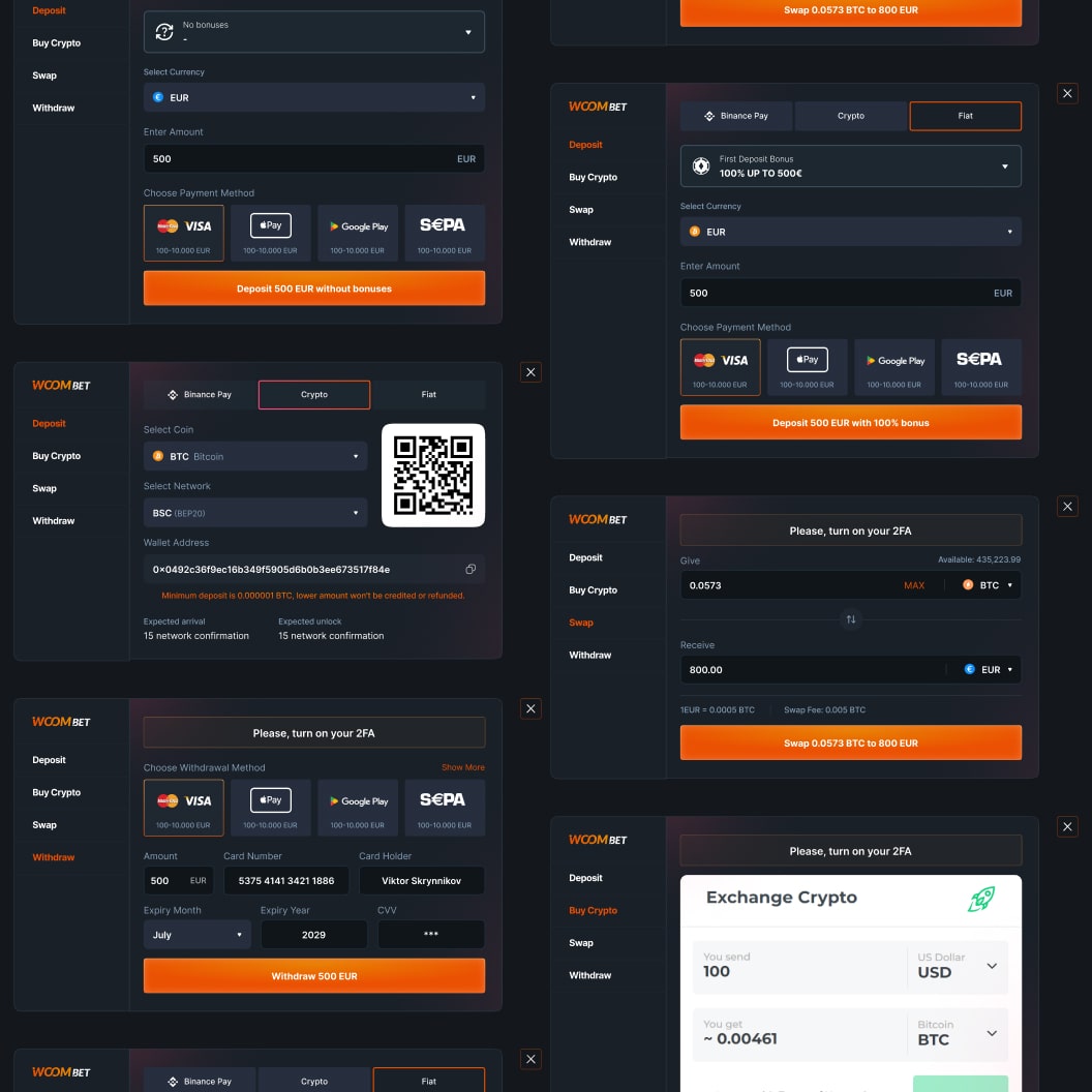 Woombet cashier modals: Deposit, Buy Crypto, Swap and Withdraw tabs; Binance Pay, Crypto and Fiat switch; a bonus selector with No bonuses or First Deposit Bonus 100% up to 500 euro; payment tiles for Visa, Apple Pay, Google Pay and SEPA with 100-10,000 EUR under each; a crypto deposit with coin, network, QR code and wallet address; a withdrawal form with a 2FA prompt; a swap with rate and fee