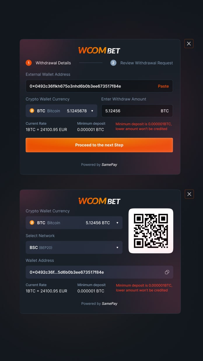Woombet crypto withdrawal in two steps: Withdrawal Details and Review Withdrawal Request, an external wallet address field with Paste, BTC selected with the balance, a withdraw amount, the current rate in euro, the minimum amount and a red warning that lower amounts will not be credited; below, a crypto deposit with network, QR code and a wallet address with a copy button