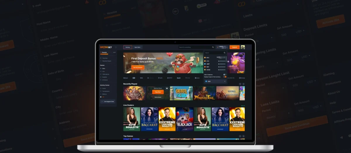 Woombet casino lobby on a laptop with the wallet menu open: balances for BTC, ETC, AMP, BAT and DOGE, a Hide 0 balances switch, a Display Crypto in Fiat Currency switch and EUR selected, next to the Deposit button