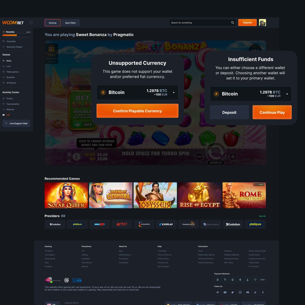 Woombet game page for Sweet Bonanza by Pragmatic with two modals: Unsupported Currency, saying the game does not support the player's wallet or fiat currency, with a Bitcoin wallet selector and a Confirm Playable Currency button; and Insufficient Funds, offering a different wallet or a deposit, with Deposit and Continue Play buttons