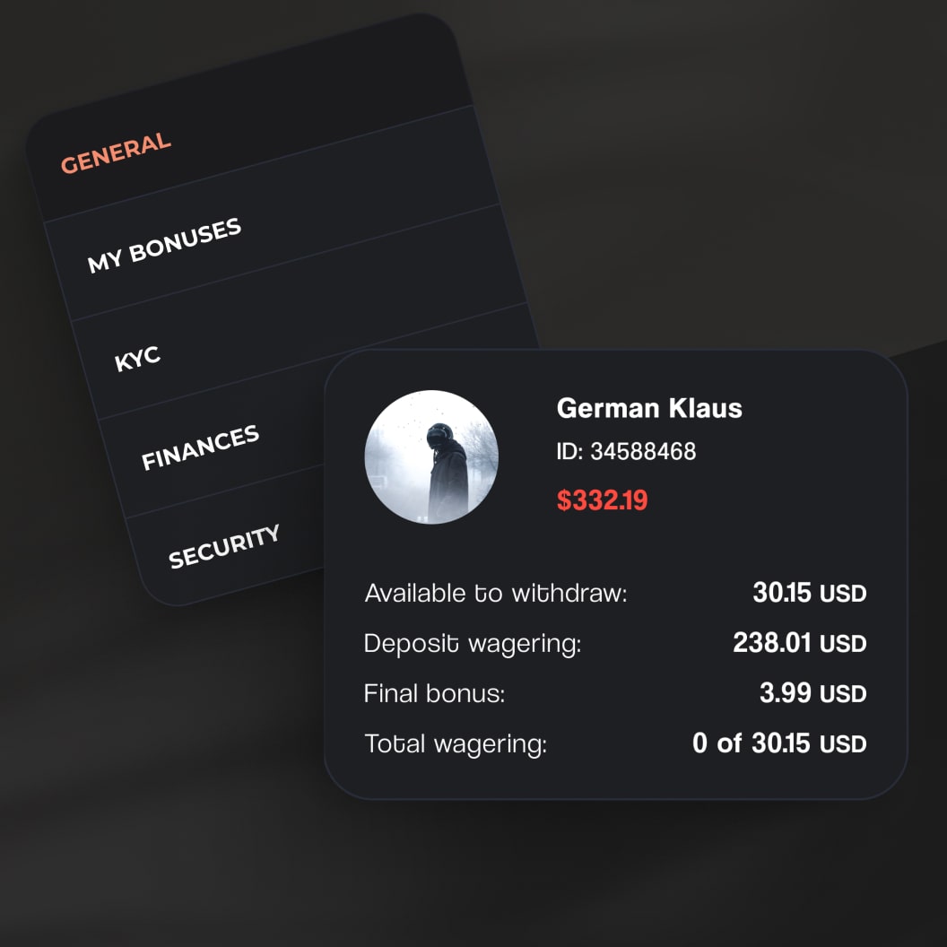 Gambit account card for player German Klaus with the balance split into available to withdraw, deposit wagering, final bonus and total wagering, next to the General, My Bonuses, KYC, Finances and Security tabs