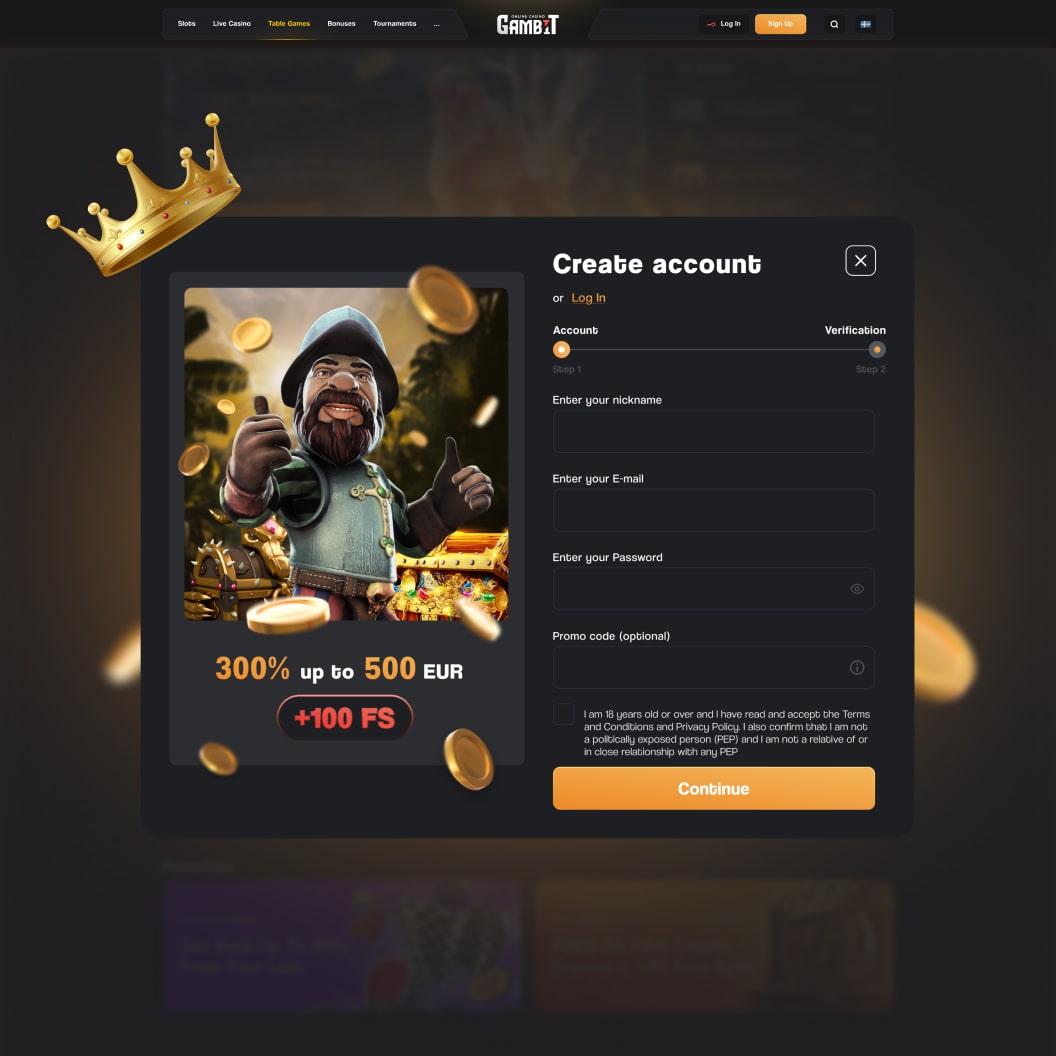 Gambit sign-up window: step 1 Account of 2, fields for nickname, email, password and an optional promo code, an unticked box confirming age 18 and acceptance of the terms, and a 300% up to 500 EUR plus 100 free spins offer