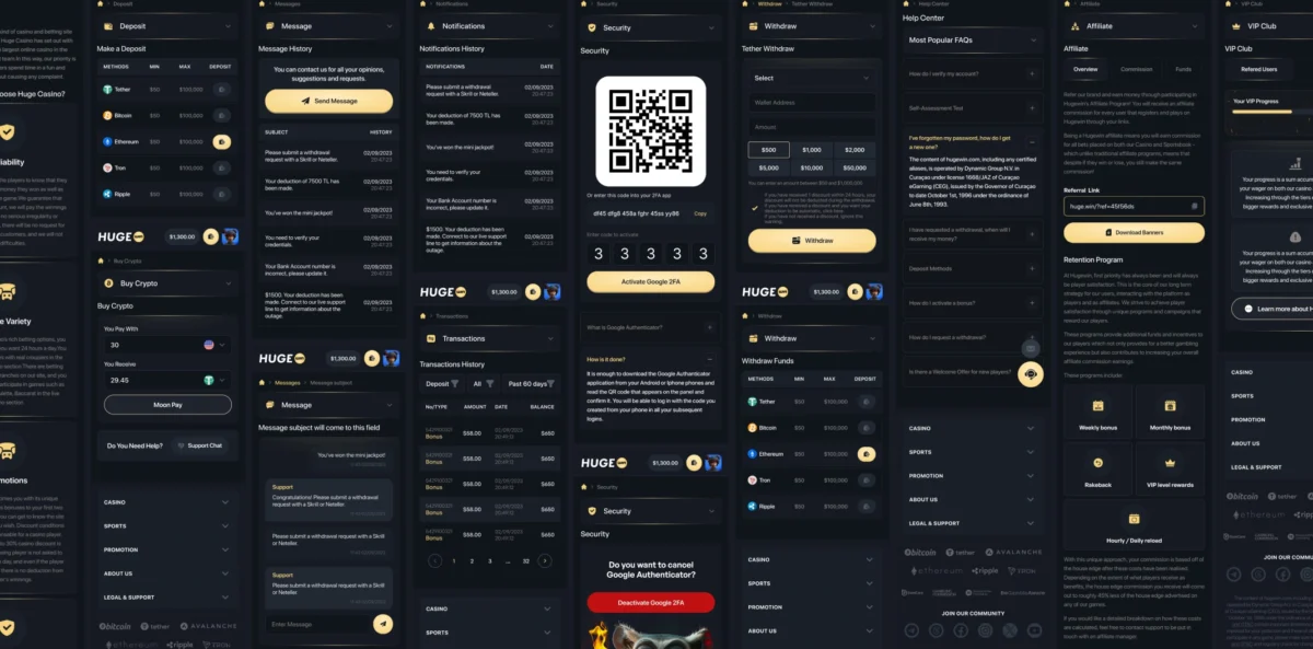 HugeWin mobile screens: deposit and withdraw tables for Tether, Bitcoin, Ethereum, Tron and Ripple with minimum and maximum amounts, a Tether withdrawal form, transaction history with filters, Google 2FA security and a help centre with withdrawal questions