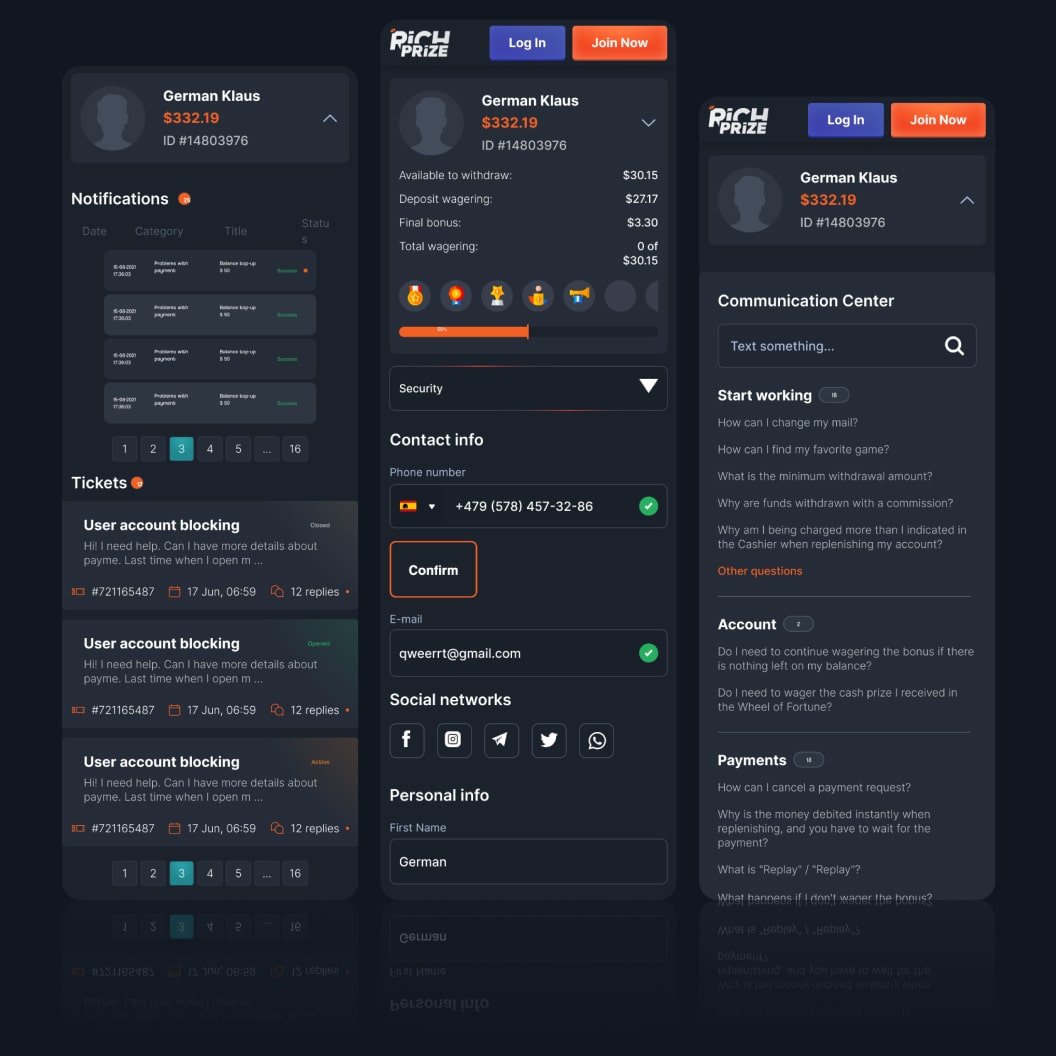 Rich Prize mobile account: notifications and support tickets with statuses, the account card with available to withdraw, deposit wagering, final bonus and total wagering, contact info, and a communication centre with questions about the minimum withdrawal, commissions and wagering