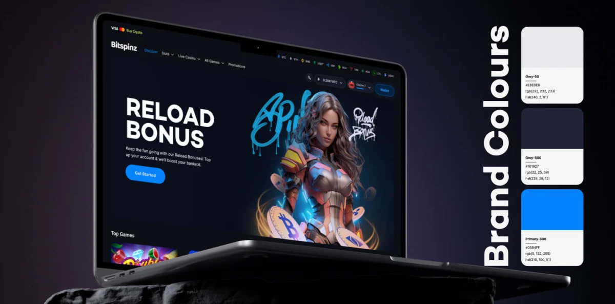 Казино Bitspinz на ноутбуці з банером Reload Bonus, персонажем з графіті-написами і кнопкою Wallet, поруч кольори бренду Grey-50 #E8E8E9, Grey-500 #161927 і Primary-500 #0584FF