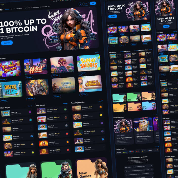 Bitspinz crypto casino lobby on desktop and mobile with Most Played, New Games and Trending lists and category tiles
