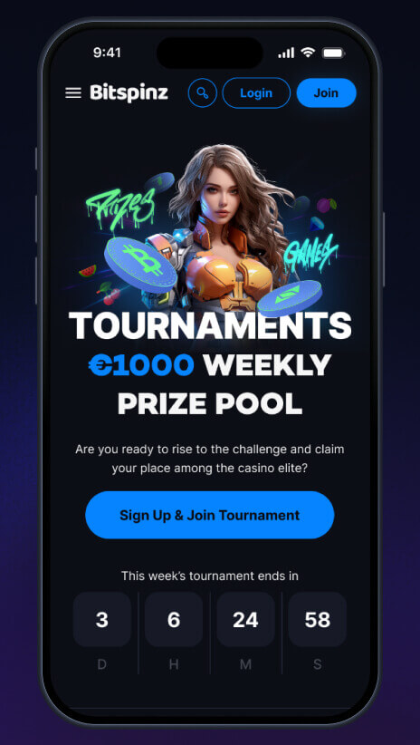 Bitspinz tournament page on mobile: search, Login and Join in the header above a weekly prize pool offer with one Sign Up & Join Tournament button and a countdown