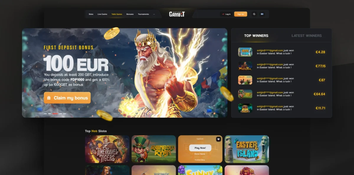 Gambit casino lobby: first-deposit banner next to a Top Winners feed, with the Top Hot Slots row visible below