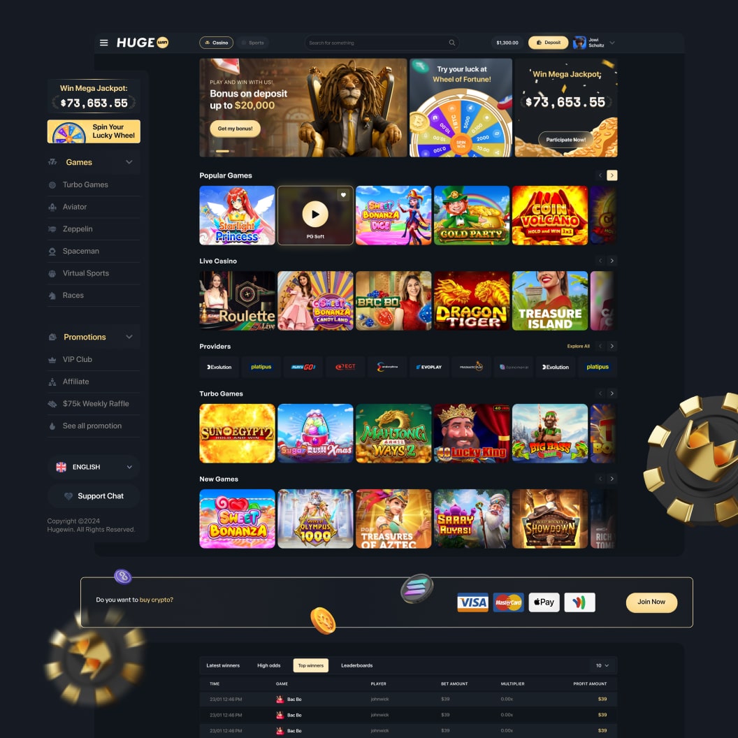 HugeWin casino lobby with a games sidebar, a search field in the header, three promo tiles and game rows including a provider row