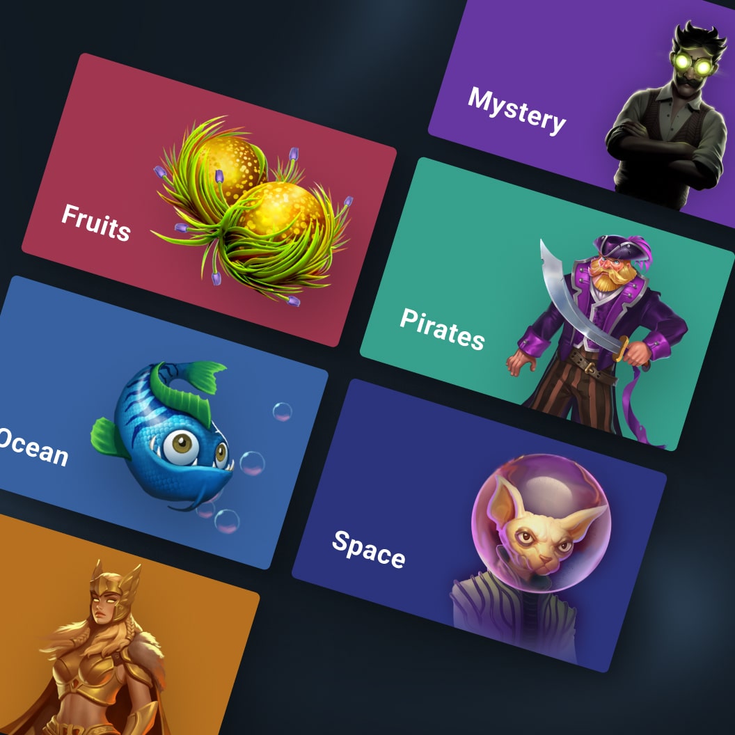 Illustrated TNTBet game world tiles: Fruits, Mystery, Pirates, Ocean and Space