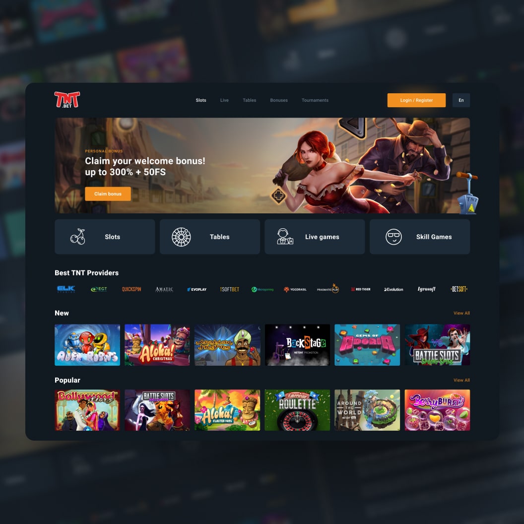 TNTBet casino lobby with four category tiles, a provider logo row and New and Popular game rows