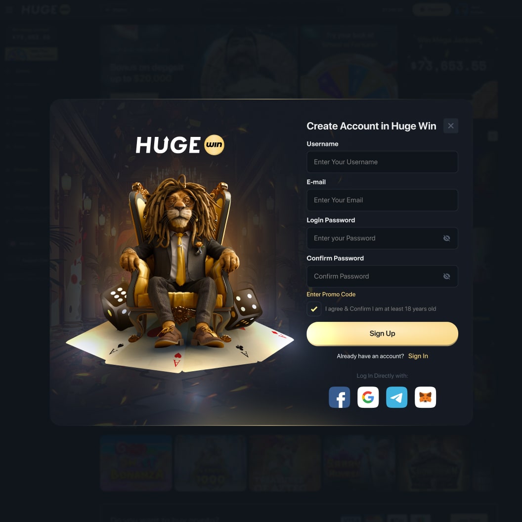 HugeWin account form with username, e-mail, password, password confirmation and promo code fields and a Sign Up button
