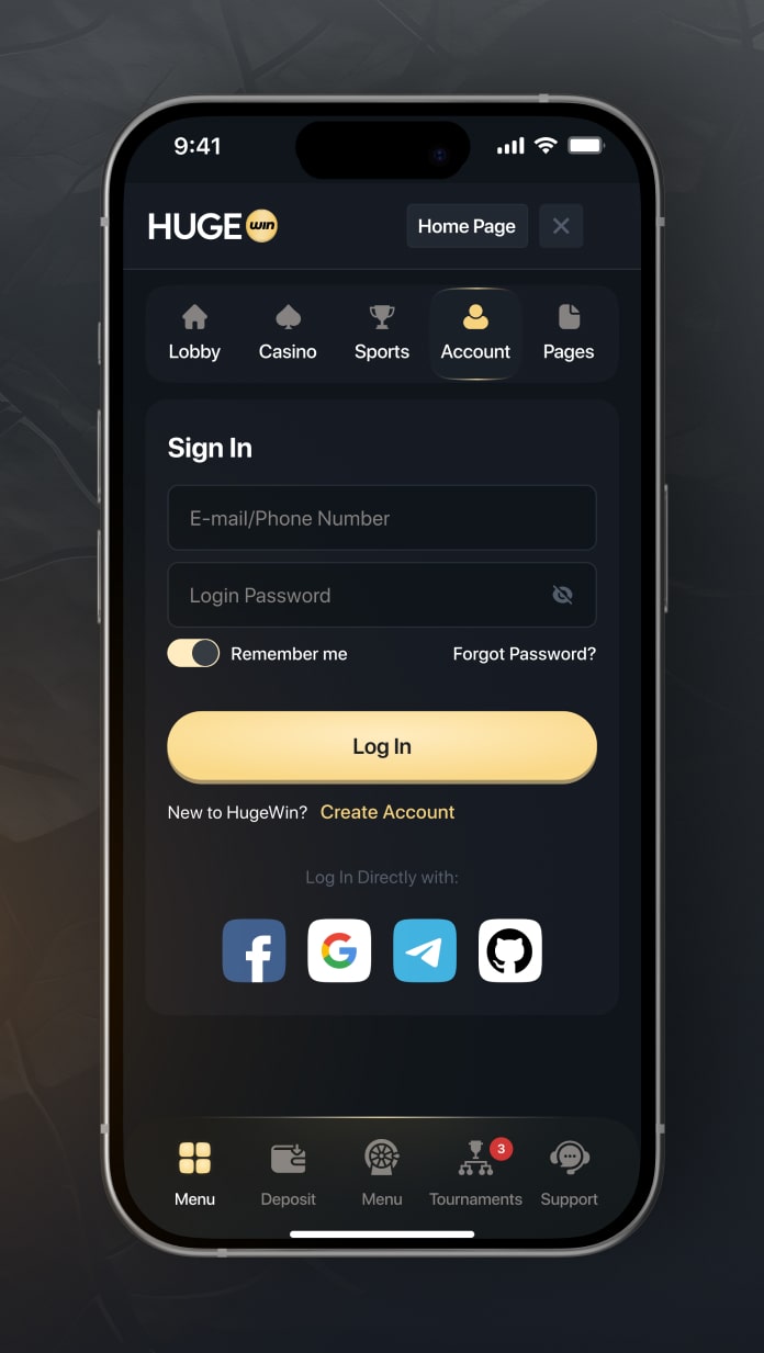 HugeWin phone sign-in screen with an e-mail or phone field, password, Log In button and a Create Account link