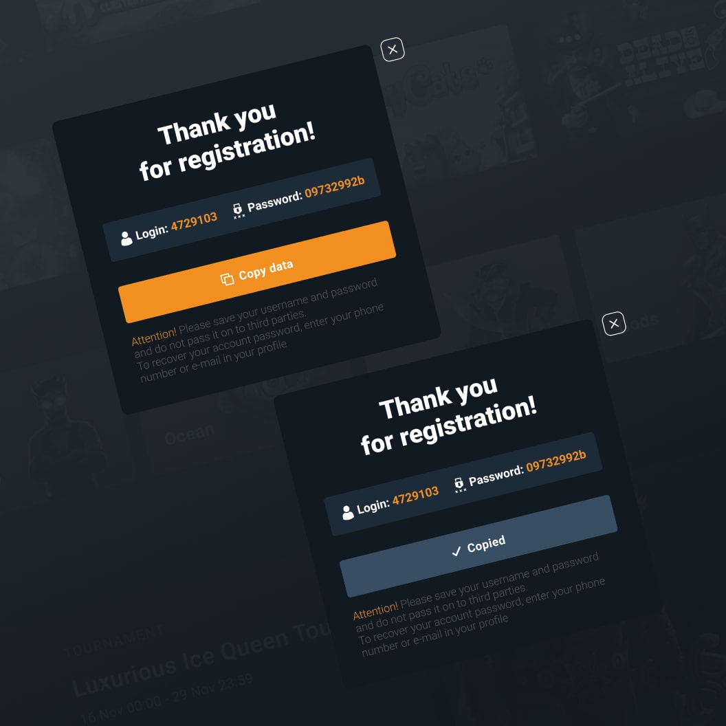 TNTBet confirmation after registration: a card with the login and password and a copy button