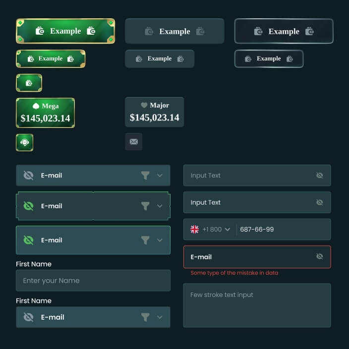 Part of the Sirwin UI kit: primary, secondary and outline buttons, jackpot counters and input fields with default, focus and error states