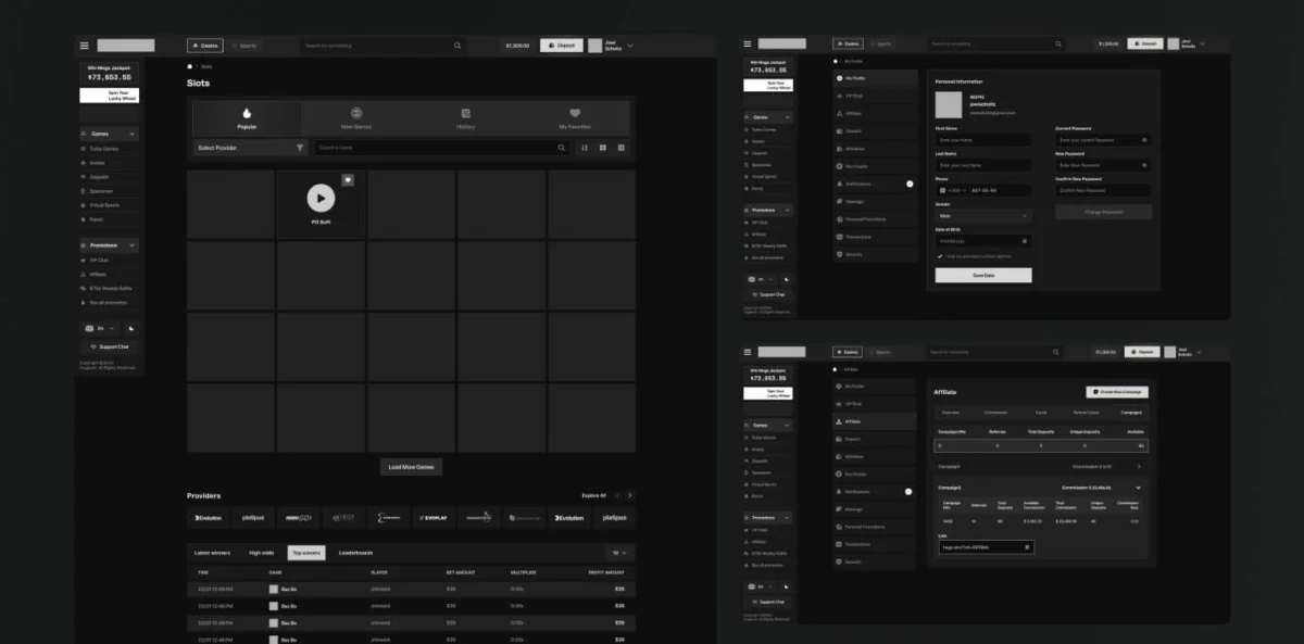 Sirwin casino wireframes: slots lobby with provider filter and game grid, a player profile form and an affiliate dashboard with campaigns