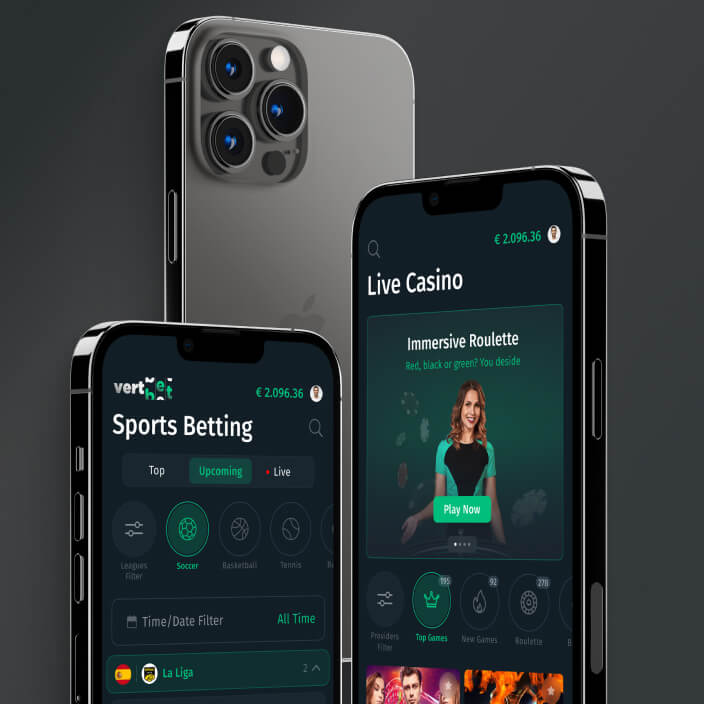 Vertbet mobile screens: Sports Betting with Top, Upcoming and Live tabs and sport filters, and Live Casino with an Immersive Roulette banner and provider filters