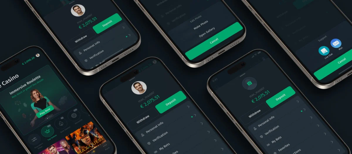 Vertbet account screens on several phones: avatar, username and a balance of 2,075.51 euro with Deposit and Withdraw buttons, menu items Personal Info, Verification, My Bets and Favorites, a photo menu and a support menu with Live Chat and Mail