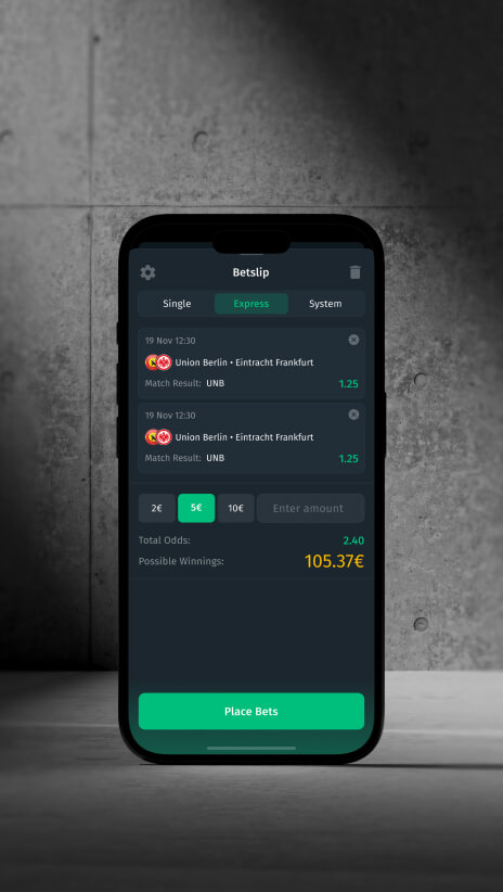 Vertbet bet slip on a phone: Single, Express and System tabs, two Union Berlin vs Eintracht Frankfurt selections with date, market and odds of 1.25, quick stakes of 2, 5 and 10 euro, an Enter amount field, total odds 2.40, possible winnings 105.37 euro and a Place Bets button