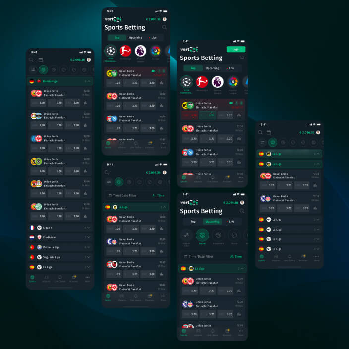 Vertbet sports betting line on several phone screens: Top, Upcoming and Live tabs, league icons, a time and date filter, Bundesliga and La Liga groups that fold, and match rows with three odds cells each