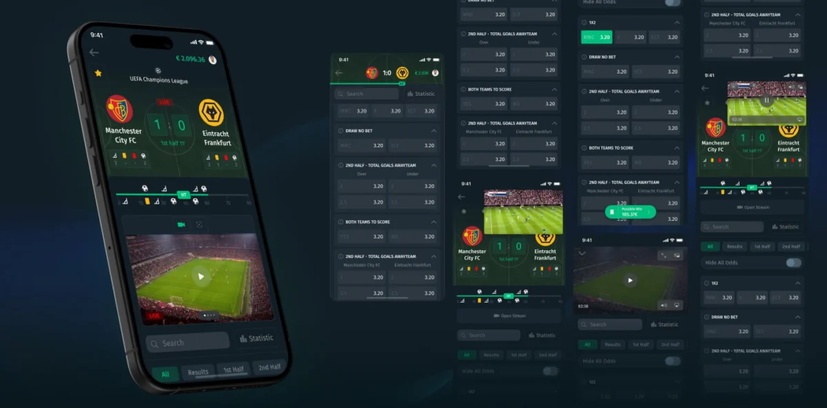 Vertbet live match screens: Manchester City FC vs Eintracht Frankfurt at 1:0, a match timeline, video stream, market groups 1X2, Draw No Bet and Both Teams to Score, and a floating Possible Win button