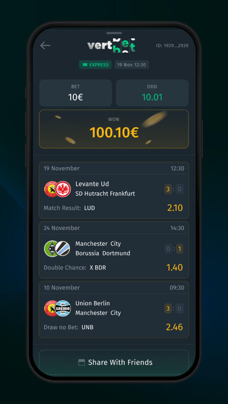 Vertbet settled express ticket: an Express badge and date, a bet of 10 euro at odds of 10.01, won 100.10 euro, three matches with scores and markets Match Result, Double Chance and Draw No Bet, and a Share With Friends button