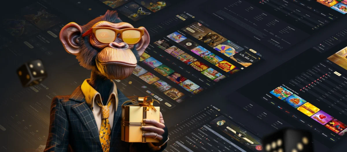 HugeWin lobby with an animal character in a suit beside the game grid